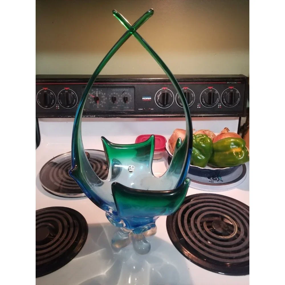 Stunner Lorraine cross-tip basket 17" Tall Blue Green Mid Century - Picture 9 of 10